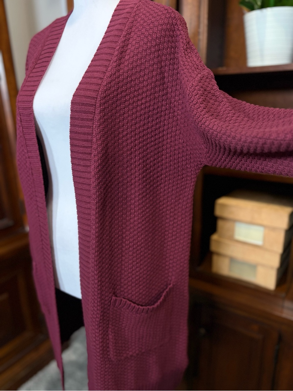 Gap Open Front Cardigan Sweater Small Burgundy Waffle Knit Long Sleeve Pockets - Picture 4 of 13